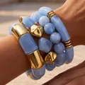 Elegant blue marble acrylic and gold metallic chunky bracelet stack for unique style - Blue Marble Acrylic Bangle Set (6746903HB) / Blue + Gold