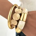 Chunky gold and marble acrylic bracelet set for a bold statement look - Metal and Acrylic Patchwork Bangle 3-Piece Set (6811701HB) / Warm Gold Milky White