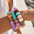 Colorful chunky acrylic bead bracelet set featuring heart and tube charms on wrist - Heart Charm Irregular Beaded Bracelet Set (6812901HB) / Mixed Colorful