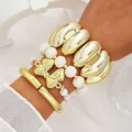 Chunky gold-tone acrylic bracelet set with pearl-style beads and a butterfly charm - Bow Pearl Decoration Stacked Bangle Set (6708501HB) / Gold with Artificial Pearl