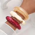 Set of three irregular acrylic bangles in red, cream, and amber finishes - Twisted and Marble Pattern Bangle Set (6810901) / Three-Piece Set / Red Milk White Amber Combo