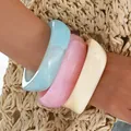 Chic 3-piece acrylic bangle set featuring irregular shapes in blue, pink and cream - Acrylic Marble Pattern Open Bangle (6787801) / Three-Piece Set / Blue Pink Cream Combo