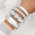 Chunky silver acrylic open bangle set with beaded and twisted croissant designs - Irregular Open Bangle 4-Piece Set (6805501HB) / Silver