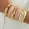 Stacked pink acrylic and textured gold-toned chunky bangle bracelet set for women - Minimalist Niche Luxury Bangle 5-Piece Set (6799801) / Gold and Pink Combo