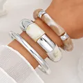 Statement acrylic and silver metal irregular open bracelet jewelry set for women - Exaggerated Personalized Open Bangle 3-Piece Set (6764603HB) / Silver Set