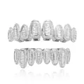 Silver hip hop grillz set with micro-pave cubic zirconia stones for top and bottom teeth - Style 7 Set / Silver