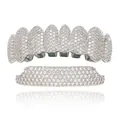 Silver-tone hip-hop teeth grillz set micro-paved with shiny clear zirconia stones - Style 9 Set / Silver