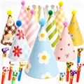 Colorful birthday party hats and blowouts set featuring various cute patterns for kids - Bear Hat and 10 Blowouts Set
