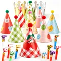 Colorful assorted party cone hats and blowouts set for kids birthday celebration supplies - Cherry Hat and 10 Blowouts Set