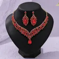 Vintage gold finish luxury necklace and earrings set with vibrant red crystals for weddings - French Luxury Red (NS-J6503GRED)