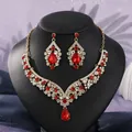 Elegant vintage red crystal bridal necklace and earrings jewelry set in luxury gold finish - French Luxury Gold + Red Stone (NS-J6503GHRED)