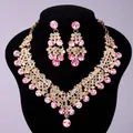 Luxurious vintage gold necklace and earring jewelry set in vibrant pink crystal finish - Court Banquet Gold Pink Stone (NS-J6524GPINK)
