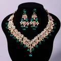 Vintage emerald green crystal necklace and earring set for bridal wedding banquet jewelry - Court Banquet Gold Green Stone (NS-J6524GGREEN)