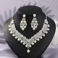 Elegant vintage silver bridal jewelry set featuring ornate pearl necklace and drop earrings - Court Banquet Silver Pearl (NS-J6524SPL)