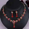 Vintage bridal necklace and earring set with red and white crystals in gold finish - Vintage Gentle Red (NS-J6482GRED)