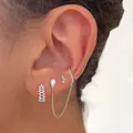 Elegant silver-toned wheat ear stud and chain cuff earring set with white zircons on ear. - Earring 3-Piece Set (JQH0243-949-950) / 24K / Three-Piece Set / Gold