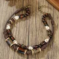 Bracelet de cheville bohème en perles de bois avec breloques tête de mort et cordon réglable - Style Double Couche Perles en Bois Tête de Mort (ZJ14898)