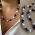 Detail view of an irregular amethyst and baroque freshwater pearl beaded necklace - One Size / Artificial Pearl Purple Irregular Style Necklace