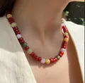 Handgemaakte ketting van onregelmatige natuursteen met kleurrijke ronde accenten - Halsketting 5 (25J10) / 38+5cm / Rood/Meerkleurige mix