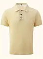 Close-up of a men's beige waffle-knit polo shirt featuring a black button-down collar - Beige