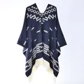 Poncho in stile cowboy blu navy con nappe e motivi geometrici per il calore esterno - 130x150cm / Pullover Western Cowboy Blu Notte