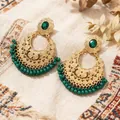 Elegant Bohemian gold-tone earrings featuring emerald green stones and bead fringe tassels - Bohemian Emerald Bead Tassel Style (WEH5444)