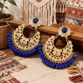 Bohemian retro long earrings featuring blue acrylic beads and gold filigree design - Dark Blue Gem Crescent Blue Bead Tassel Style (WEH5444)