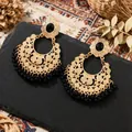 Vintage bohemian gold drop earrings with black gemstones and beaded tassels - Black Gem Hollow Floral Tassel Style (WEH5444)