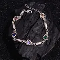 Bracelet élégant en argent avec des zircons colorés en forme de cœur et motifs - Style de Patte de Chat Cœur Zirconia Coloré (SL0453) / Argent antique