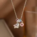 Silver link chain necklace with pink enamel rocking horse and donut charms - Unicorn (9192-2)