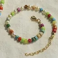 Macro view of colorful dopamine style rainbow beaded necklace with pearls and gold clasp - Multicolor Abacus Beads and Pearl Splicing Bracelet Style / Bracelet (17+3cm) / Colorful Spacer Artificial Pearl