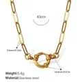 Vergulde roestvrijstalen paperclip ketting voor dames met groot rond sluitingsdetail. - Gouden Halsketting (XL479G)