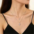 Elegant double-layered silver necklace featuring a marquise stone and sparkling cross pendant - Double Layer Marquise Rhinestone Cross Necklace (0766) / Silver