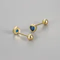 Macro view of gold heart stud earrings featuring blue zirconia stones and secure screw backs - Gold / Sapphire Blue