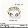 Bague ajustable en acier inoxydable bicolore avec motif de feuilles et perles d'or - Réglable / Style de feuille en relief et de perle ovale (JZ-YS894) / Bicolore (Or et Argent)