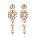 Detailed view of vintage rose gold drop earrings with champagne crystals and heart tassels. - Rose Gold Champagne Heart Tassel Style (L10309)