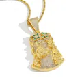 Collana con ciondolo Gesù hip-hop retrò placcato oro con zirconi micro e pietre verdi - Modello 5 / Catena a Torciglione 60cm / Oro