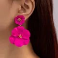Large magenta flower drop earrings with a matte finish for a bold bohemian style. - Rose Red (A867)