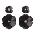 Exaggerated Bohemian style black matte flower drop earrings with golden stamen detail - Black (A869)