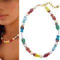 Colorful fish beaded necklace featuring glass beads and pearls shown on model and flat lay view - Colorful Small Fish Necklace / 38+5cm