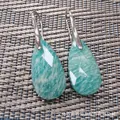 Macro detail of faceted green teardrop gemstone earrings with elegant silver hooks - 13*25*6MM / Amazonite