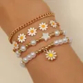Bohemian 4-piece bracelet set with pearls, daisy flowers and star charms in gold finish - KC Gold Daisy Set (49 KC Gold G036)
