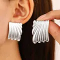 Minimalist silver-plated rectangular earrings with wavy ribbed texture for women - Fan Pleated (N-515)