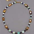 Close-up detail of natural tiger eye and colorful gemstone beaded choker necklace - Necklace 15 (38+5cm)