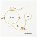 Bracciale schiava in acciaio inossidabile placcato oro con rose e anello - Stile Fiore di Camelia (E2140)