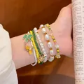 Juego de 6 pulseras de cuentas de colores con dijes de palmera y abeja tropicales - 13# Pulseras - Oro, blanco, verde y amarillo (set de 6)