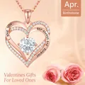 Rose gold heart pendant necklace for April birthstone with I love you engraving gift - Single Necklace / White Zircon