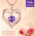 Rose gold heart necklace with purple February birthstone and 'I love you' engraving - Single Necklace / Purple Zirconia