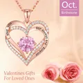 Rose gold heart pendant necklace with pink October birthstone and love engraving decoration - Single Necklace / Pink