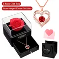 Rose gold heart pendant necklace with red birthstone in a preserved rose flower gift box - Single Necklace / 1 Rose Gift Box / Red Zircon